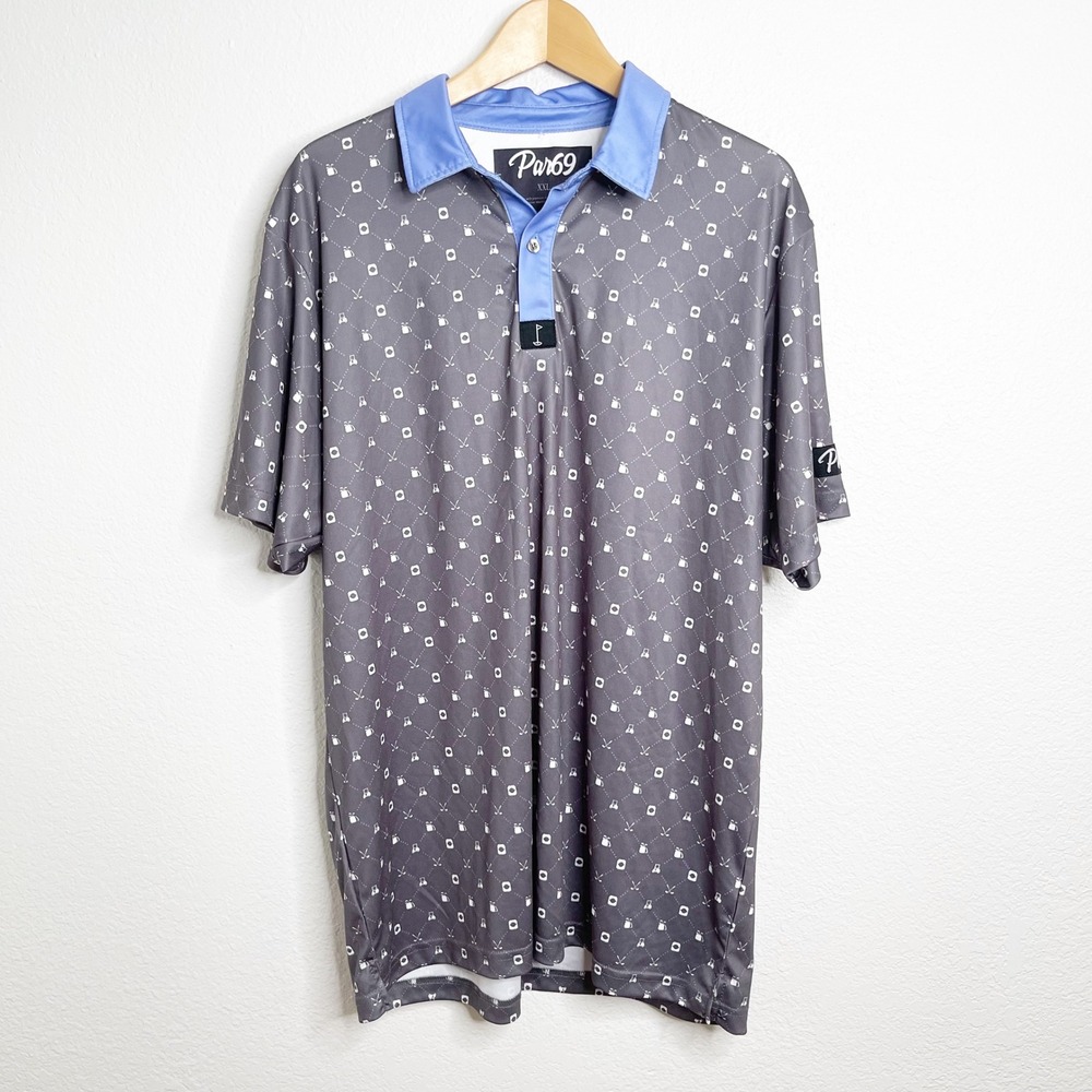 Par69 Mens XXL Golf Polo Shirt Grey Blue Novelty‎ Golf Cart Club Performance